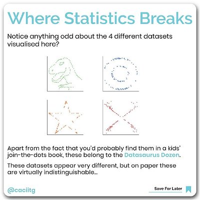 Ever wondered about the possibility of a bunch of datasets having same summary statistics but having drastically different appearances. This is where we realise the importance of Data Visualisation in differentiating clearly different and virtually distinct datasets.
Explore more about Datasaurus and Anscombe's Quartet and comment down your views!
.
.
.
.
#datascience #machinelearning #python #artificialintelligence #ai #dataanalytics #data #bigdata #deeplearning #programming #datascientist #technology #coding #datavisualization #computerscience #pythonprogramming #analytics #tech #dataanalysis #iot #programmer #statistics #developer #ml #business #innovation #coder #dataanalyst #visualisation