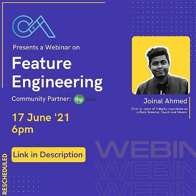 Nothing is more expensive than a missed opportunity!
Consulting and Analytics Club, IIT Guwahati brings to you an insightful webinar on Feature Selection, one of the key practices in acing the field of Data Science.
The webinar would be conducted by famous coach and mentor Joinal Ahmad. 
Don't miss out on the experience at 
6 PM IST June 17, 2021

Stay Tuned!

Looking forward to amazing participation. Thanks for cooperation :))