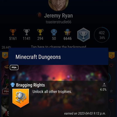 Got the #platinum for @minecraft dungeons. That's #fourth this year and #fifty over all.  Come check me out at twitch.tv/PotatoAimRyan 

#donate if you can to
 https://www.extra-life.org/index.cfm?fuseaction=donorDrive.participant&participantID=512824&language=en&referrer=mf%3A512824%3Ayou-copy

#ps #ps4 #ps5 #playstaion #playstation4 #playstation5 #gamingForTheKids #extralife #extralife4kids #minecraft #minecraftdungeons #twitchaffiliate #trophygrind #trophyhunt #trophyhunter #PotatoAimRyan #gaming #trophy #platinumtrophy #twitch #twitchstreamer #spudsquad #supportsmallstreamers