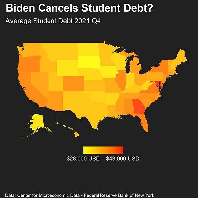@joebiden announced yesterday that he would cancel $10 thousand USD of student debt for low- and medium income borrowers.

Borrowers with an income of less than $125 thousand will be eligible for relief. This was after a series of pauses on federal student loan repayments since the beginning of the pandemic.

While many celebrate this policy, some claim this is unfair to those who did not take out or already paid off their student loans. Some argue otherwise, suggesting that the decision does not go far enough in covering drastically increasing costs of education over the past decades.

Data from the Federal Reserve bank of New York. Made with #R, #rstudio 

.
.
.
.
.

#uspolitics #usapolitics #usapoliticstoday #joebiden #trump #kamalaharris #debtfree #debtfreejourney #studentloans #cancelstudentdebt #cancelstudentloans #studentloans #debt #politics #economics #money #investing #education #datavisualization #gis #map #dataviz