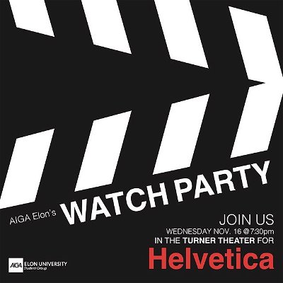 Join us for MOVIE NIGHT!! 🎬 🍿This Wednesday AIGA is hosting a watch party for Helvetica. 

Helvetica explores the history and proliferation of the typeface, interviewing leading graphic and type designers. 

The movie will be shown at TURNER THEATER at 7:30pm on Wednesday and there will be snacks!! We hope to see you there‼️