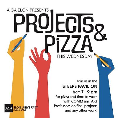 Need finals help? Or just some inspiration? Come to Projects and Pizza on Wednesday and collaborate with COMM and ART Professors on any projects‼️

Stop by this WEDNESDAY in the Steers Pavilion from 7-9pm

AND don’t forget there’s PIZZA!🍕 #aigadesign