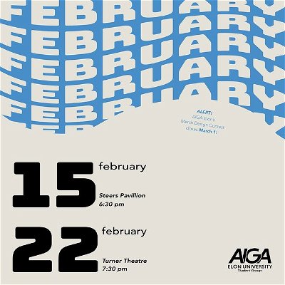ATTENTION! AIGA Elon has a bunch of fun things planned for the next few weeks. Swipe through to check them out :) and come hang with us at our member meeting next Wednesday 2/15 to learn more.