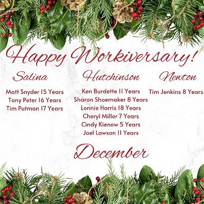 December Workiversarys! Congratulations to all of our employees who make up the month of December anniversary's. It's a pleasure to work with all of you, and without each and everyone one of you, we wouldn't be the same great company that we are today. 👏❤️