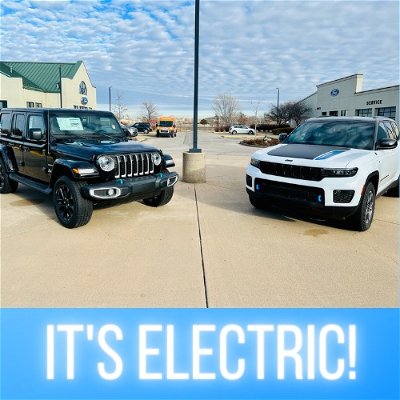 Welcome to our #FridayFeature! Every Friday we are going to pick vehicles/topics to feature on our Social Media. Today IT'S ELECTRIC! With electric vehicles becoming a norm in todays culture we want to make sure you know that we stand ready to serve your needs. And because we have 11 brands at 3 locations, we understand what all of the manufacturers are doing and where the Electric market is heading.👍 Pictured: 2022 Jeep Grand Cherokee 4xE Hybrid and 2022 Jeep Wrangler 4xE. Hybrid. These vehicles can found at Conklin Chrysler Dodge Jeep Ram Newton in Newton KS. Come See us to ensure you get Your Car Your Way! #electric #hybrid #education #gas #newtonks #FeatureFriday #YourCarYourWay