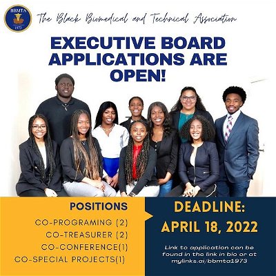 The Black Biomedical and Technical Association’s Executive Board applications are open! Apply now for the available positions to gain leadership experience and be apart of a team devoted to serving underrepresented students pursing healthcare related fields. Use the link in our bio to find the link! Or search mylinks.ai/bbmta1973