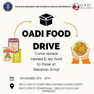 Starting tomorrow until the 18th, you all have the opportunity to donate canned & dry food like rice, pasta, canned soups and more to Salvation Army!! Join BBMTA and donate whatever you can to help support others in need. 

You can go to the 2nd floor of CCC or Stimson hall to donate to the food drive boxes. Excited for all donations✨