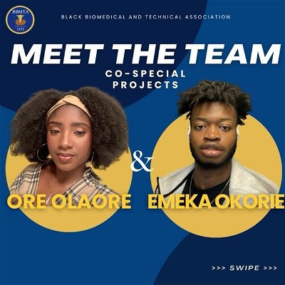 Meet the team! 
•
We’re excited to introduce to some and reintroduce to others, our BBMTA Special Projects Chairs for the 2022-2023 school year, Ore, @ore_olaore , and Emeka, @emekaokorie_ ! 
•
They’re working effectively and creatively to plan interactive and fun events related to our programming!