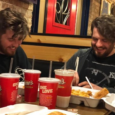 Happy birthday to my dear friend Brett Boutain here is a candid photo of us a few years back smashing Canes after a movements show. But most importantly what you’ll notice in this photo is that we are laughing and smiling. And the smiles are genuine. And today you are a 31 year old genuinely smiling stallion of a man. An incredible father. A bad mutha fucka business man. A charming and loving husband (who looks like Gaston) and I couldn’t be more proud to be your brother and doing life with you man. Wherever one of us is at. We meet the other right in that place. I believe we both are in a genuine pursuit of being better. Loving harder. And being more true to ourselves than ever before. So happy birthday bro. I love you dearly and am so proud that I was just a super fan of your band that developed into one of the best friendships ever hahahaha!