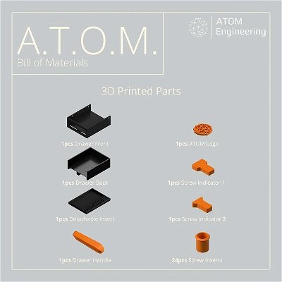 BILL OF MATERIALS 📦

Curious what it takes to build your own Advanced Tool Organizing Module?

Here’s a detailed list of the materials used in the construction of the A.T.O.M. 

Including 3D printed parts, laser-cut foam, and additional hardware. 

If you’re curious how all of these components are able to be combined into a finished product check out my earlier post where I assemble and install the system. 

DESIGN FILES 📂

The design files for this project are now available via the link in my bio. The project is listed on my @cults3d profile and includes a full bill of materials with links to the hardware necessary to complete this project. 

If you enjoyed this post consider following @atom.engineering for more projects related to 3D printing, Arduino Projects and Design. 📐
•
•
•
•
#snapmaker3in1 #snapmaker #snapmakerA250 #microcontrollers #snapmaker #3dprinting #cults3d #toolorganization #tools #drawer #organization #drawerorganization #customdesigns #foaminserts #modular #DIY #designengineer #diyprojects #3dprinting #projects #atom_engineering #atomdesigns