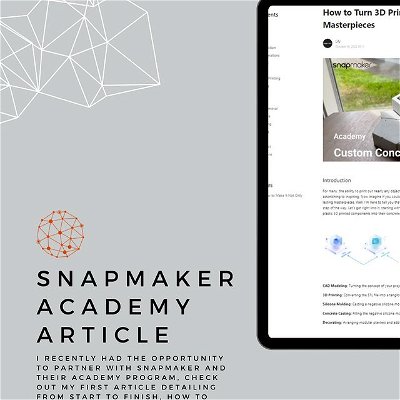 Academy Article 📄

I recently partnered with @snapmakerinc to write an article for their Snapmaker Academy Program. My first article details from start to finish how to turn 3D printed parts into concrete masterpieces. 

This includes design considerations, bill of materials, alternate applications for this manufacturing process as well as an in-depth overview of each step required in this project. 

For those of you who really enjoyed this project and would like to do it yourself, consider this article your instructions manual. 

If you would like to read the article and learn more, you can find a link in my bio. 🔗

If you’re new here, welcome and I hope you enjoyed this project series as much as I did. If you want to stay up to date on my next project then consider following @atom.engineering for more projects related to 3D printing, Arduino Projects and Design. 📐
•
•
•
•
#snapmaker #customplanter #plants #molding #siliconemolds #plantsmakepeoplehappy #urbanjunglebloggers #pausewithplants #planterina #get_planted #iamaplanthoarder #plantenabler #houseofplantlovers #designengineer #diyprojects #DIY #concrete #atom_engineering #atomdesigns