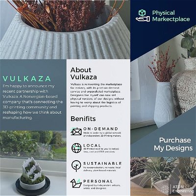 Vulkaza Partnership 🧪

I’m extremely happy to announce my recent partnership with @vulkaza. Allowing me to sell my designs as physical products, without having to worry about inventory or the logistics of 3D-Printing mass quantities of components.

The official launch of @vulkaza will be November 3rd, in addition to the marketplace going live on this date, I’ve got a surprise for my followers as part of my partnership with @vulkaza. 

So be on the lookout for that. 👀

If you aren’t already, follow @vulkaza to stay up to date on all their exciting developments in the coming days. 
•
•
•
•
#snapmaker #vulkaza #partnership #vulkaza #digitaltophysical #launch #3dprintondemand #local3dprinting #designengineer #marketplace #designfile #products #customdesign #atom_engineering #atomdesigns