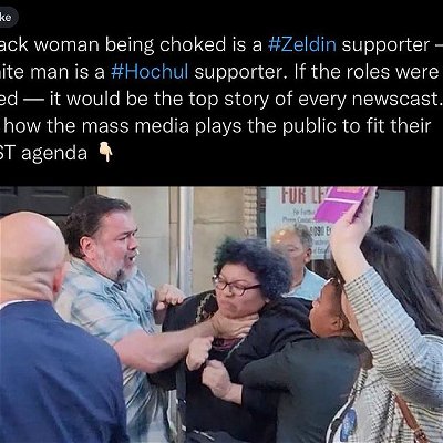 Esto se acaba ya! We are living in upside down world where wokesters believe they are entitled to interrupt, berate, curse, be violent towards Black And Brown people who leave the Democratic plantation. This is RACIST. Oppressive, violent, scary, and what else mi gente? 

🚨🗽This is man CHOKING a Hispanic woman and the media is quiet about it. 
Make this make sense. 
Caption in image is by Lidia Curanaj 

#votezeldin
Latinos For Choice 
Cafecito Break @cafecitobreak10.0 @theperezsistersnyc @lexitmovement