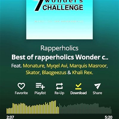 Best of Rapperholics #7wonderschallenge featuring Monature, Myqel Avi, Marquis Masroor, Skator, Blaqgeezus & Khali Rex.

https://audiomack.com/rapperholics/song/best-of-rapperholics-wonder-challenge