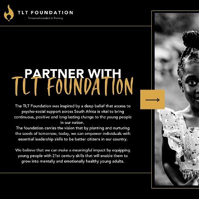 Partner with TLT Foundation and let's work together to plant the seeds of tomorrow, today 🌱

If you know of any organisations that you would like to see us collaborate with in the future, tag them in the comments 👇

Partner with us today
gina@tltprogram.co.za 
+27 82 684 9986

#contendingforouryouth #tltprogram #TLTworkshop #studentworkshop #leadershipworkshop #leadershipdevelopment #tltsouthafrica #tomorrowsleadersintraining #youth #youthempowerment #empower #leader #tltprogram #leadershipdevelopment #leadership #empowerment #southafrica #southafricafutureleaders #changemakers #leadershipprogram #leadershipskills #leadershiptraining #youthday #southafricayouth