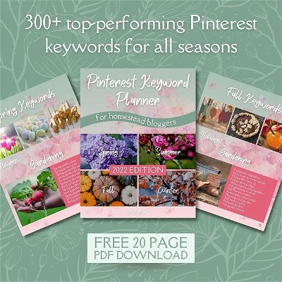 If spring is your peak Pinterest traffic season, now's the perfect time to start planning for 2022! 🌻🙌⁣⁣
⁣
⁣Ensure your creative content thrives and blooms this year with a Pinterest Keyword Planner designed especially with the homestead niche in mind. 🍄⁣
⁣
⁣⁣Inside, you'll find 20 pages filled with 300+ top-trending keywords for you to plan your content around or pepper into your old blog posts. 🌷⁣
⁣
⁣⁣Some niche topics to inspire your content ideas:⁣⁣⁣
⁣
🌿 — Gardening⁣⁣
🌷 — DIY crafting⁣⁣
🌻 — Seasonal food recipes⁣⁣
💐 — Herbal remedies⁣⁣⁣
⁣
& so much more!⁣
⁣
⭐Download a copy of the only Pinterest Keyword Planner for Homestead Bloggers at the link in my profile here ➡ @pintuitive⁣
⁣
⁣
#homesteadblog #pinterestforbusiness #pinterestmarketing #virtualassistant #businesstips #bloggingtips #socialmediastrategy #pinterestmarketingstrategy #pinterestmarketingtips #pinterestmarketingtip #pintuitive #solopreneur #pintereststrategy #pinteresttips #marketingonline #businessminded #homesteading #successtips #savvybusinessowner #successfulwomen #gogetter #womenwhohustle #entrepreneurial #entrepreneursofinstagram #successdriven #bosschicks #femaleentrepreneurs #marketingstrategy #marketingonline #marketing101