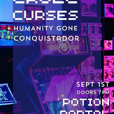 Friday, September 1st @thepotionportal in St. Pete!

We will be joined by @conquistadorband and @humanity_gone_7ds for a night of frivolous riffage and cantankerous grooves!
.
.
.
#cruelcurses #bands #newmusic #bandsofinstagram #rockband #flyer #stpete #livemusic