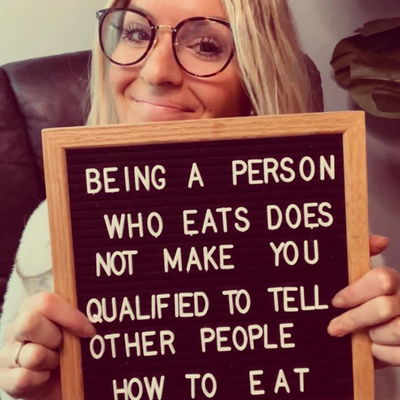 I have two degrees in nutrition & health promotion. I have advanced certifications that underscore by expertise. (And privilege.)
I have been a dietitian for over a decade.

Want to know a secret?

I DON’T TELL MY CLIENTS WHAT TO EAT.

I might help them plan to nourish themselves over the course of a day or a weekend. I might ask them to get curious about their appetites. I might suggest that we explore the role that emotion plays in the eating experience. I might encourage a client to get good at identifying hunger and fullness cues. I might spend time chatting about satisfaction.

But I don’t tell anyone what to eat.
.
.
.
Even though I know your intentions are good, please refrain from projecting your food experiences on other humans. It stinks to be on the receiving end of that conversation.

And if you are on the receiving end of food advice, know that you have choice about the degree to which you apply said advice.

Your eating experiences are for you.