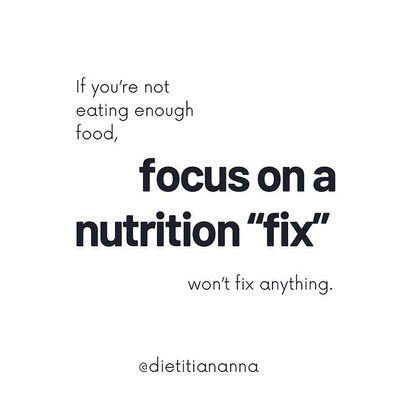 If you’re not eating enough food, no food will serve as to ‘fix,’ anything.

No food with special powers as dictated by the diet and wellness industries:

No super food. (Not a thing.)
No clean food. (Not a thing.)
No immune boosting food. (Not actually a good thing.)
No food for mental clarity. (Not a thing without enough food.)
No food for healing or physical health. (Not a thing without enough food.)

No food for changing a body or combating illness or prevention of the side effects of being human. (Not a thing. And even if that’s not 100% true, it is 100% impossible without enough food.)

Nutritional adequacy trumps nutrition specifics, every time.

👋 if you’ve lost time to nutrition “fix,” efforts.
I’ll go first…
.
.
.
*my page exists for educational purposes & is not nutrition therapy or medical care.