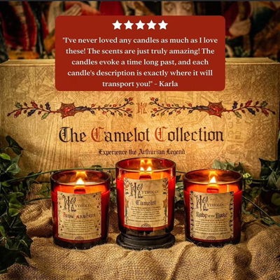 {{ ⚔️ Join King Arthur's Court ⚔️ }} Fantasy fans! Your quest for Camelot Candles starts here. Experience the legends of medieval England with The Camelot Collection, available now in a special edition COLLECTOR'S BUNDLE! 

This luxurious, set includes:
Illustrated gift box
Exclusive art print.
Three fragrant candles

Three Epic Candles: 
🏰 Camelot - In a mythical castled city, a legendary king and his brave knights discuss their next quest over feasting and song. Notes of soft woods and crushed violet petals, cedar leaf, and amber warmed with a hint of tonka bean.

🌿 Lady of the Lake - A silver blade in the hand of an enchantress emerges from the deep waters of the lake, aiding the king who needs it most. Notes of mist over enchanted water, dewdrops formed on fresh green leaves, and crushed white sea salt.

⚔️ King Arthur - Merlin the powerful magician sets a sword in stone that only the true king can remove. A child is raised in secret until the day comes that he draws the sword and fulfills his destiny. Notes of earthy cedarwood and deep vanilla.

Hand-poured with coconut wax, atmospheric crackling wooden wicks, and custom illustrated packaging, this is NOT to be missed. 

Get yours before they run out for good! ✨  https://mythologiecandles.com/dlg_GsfelcfN6h