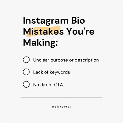 You can tell a lot about a person by their horoscope.. AND Instagram bio ✨ 😂⁠⁠
⁠⁠
When was the last time you had a long, hard look at your business’ Instagram bio? If it’s been a minute since you last optimized yours, here are three mistakes you should avoid when it comes to crafting the perfect description for your biz. ⤵️⁠⁠
⁠⁠
🤔 Unclear purpose or description: Your Instagram bio is one of the very first things that a users’ eyes will land on, so you need to make it count! Clearly communicate exactly what you offer and the problem that you aim to solve for your customers. ⁠⁠
⁠⁠
Think of your bio description as your business’ dating profile. You want to attract the right type of customers and weed out anyone who doesn’t align with your mission or what you offer.⁠⁠
⁠⁠
🔎 No one can find you: One major mistake that I’ve seen businesses make with their Instagram bio is that your headline (or "name" field) doesn't include keywords! This line is visible in Instagram search so be sure to include relevant keywords that your target market would be searching for and are relevant to your biz.⁠⁠
⁠⁠
✍🏻 No direct CTA: Okay, so someone finds your profile and they clearly understand what you offer...but now what? Use this as an opportunity to bring them into your funnel by including a direct call-to-action. This could be to check out your latest blog, download a freebie, or shop your newest collection. No matter what your focus is, that CTA is your one-way ticket to increasing leads and sales!⁠⁠
⁠⁠
So tell me, are you using your business’ Instagram bio to its fullest potential? 👇🏻⁠⁠
⁠⁠
To help make sure your account, content and strategy are all working for you, download my free Instagram for Business Checklist at the link in my bio! 👉🏻 @alextooby⁠⁠