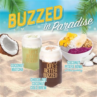New & BUZZworthy summer items are here! 🥥✨ Stop in to try a coconut cream topped sip & our new pitaya bowl! 

🐝 Chocolate Coconut Cold Brew: smooth cold brew with a hint of chocolate, topped with coconut cold cream & a sprinkle of ground cocoa.

🐝 Coconut Matcha: creamy iced coconut matcha, topped with coconut cold cream & a sprinkle of matcha powder.

🐝 Coconut Pitaya Bowl: pitaya sorbet topped with housemade chia pudding, granola, banana slices, mango & shredded coconut.