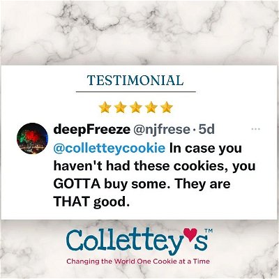 I love reading reviews and see how much you all love Collettey’s Cookies! What started as a passion in my kitchen has grown into a thriving business making an impact in the world. And a % of all profits goes toward charity!

With perfected recipes, my cookies are freshly baked and made with love. It’s been such a joy to evolve and craft new cookies for you all. 

Share which one your favorite is in the comments below! 

#ColletteysCookies #ColletteysLeadershipProgram #disabled #disability #disabilities #differentlyabled #disabledcommunity #differentlyabledcommunity #bestcookies #cookies #cookielover #reviews #testimonials #happycustomer #fivestars