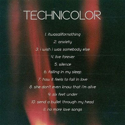 "technicolor" will be releasing THIS FRIDAY!!! Here is the tracklist and some snippets... 💫 I really wanted to try something different with with this album and push my music creatively. I wrote, recorded and produced it within only a couple of weeks. I didn't want to make something perfect, I just wanted to make the music that came naturally to me and challenge myself to become immersed in a creative flow and see what I could produce. It explores some new genres, sounds and styles, but ultimately it is very much a stxtch project... I hope you enjoy🌟