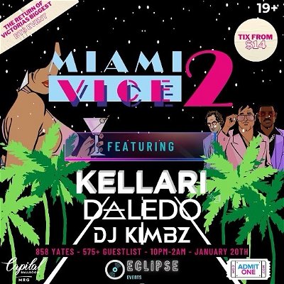 We are proud to bring you another banger. YYjs biggest back to school event! 🌺 

Get your floral print shirts out and get ready to embrace the heat of house music at our Miami Vice headquarters for Miami Vice 2! 

🎟 Last time we sold out tickets over a week before the event and tickets were reselling on Ebay for $45+! Don’t miss your chance at early bird tickets starting at $14 that go live next Tuesday, Dec 20th at 12:00pm.  Link in Bio!

We heard your suggestions from the first event and have made sure to significantly lower end prices on all tickets.

➡️Friday January 20th
➡️ 575+ Guestlist 
➡️ 3 local DJs 
➡️ #1 venue in YYJ, Capital Ballroom has featured artists like steve aoki and Loud Luxury. Also features the best lighting and sound system on the island. 
➡️ 2 floors 
➡️ 3 bars 
➡️ House and club hits 
➡️ Miami Vice theme 

Doors: 10:00pm - 2:00am