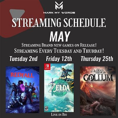ITS GONNA BE MAY! 

May brings us a crazy variety of games! Starting with Redfall! A mixed level of opinions on this one but you can be sure we are going to find out ON RELEASE. 

The annticipated Zelda Tears of the Kingdom is bound to be FANTASTIC! this is a big stream for us so expect a Full day of streaming on this one! 

And finally Gollum... hit and miss once agian but personally i think its bringing in a unique experience we havent see in some time. and i can no wait to get back to middle earth! 

Tags
#streaming #streamschedule #redfall #zelda #zeldatearsofthekingdom #lordoftheringgollum #lotr #lordoftherings #link #vampires #gaming #games #newgames #youtube #twitch #streamingnow #live #gamer #whattoplay #whattowatch #gamingnews