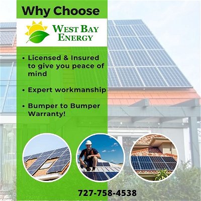 Want to take advantage of the many benefits to going solar?

If you are in Florida and looking to go solar, give us a call today!

WestBayEnergy.com - (727)758-4538
.
.
.
.
#solar #solarcompany #solarpanel #installation #projects #production #guarantees #quality #service #product #solarpanelnstallation
#tampabaysolar #StPeteSolar #FloridaSolar #FloridaSolarExperts