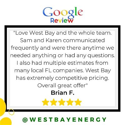 Thank you to our client Brian F. for the Feedback! We appreciate your business!

Are you ready to nearly eliminate your electricity bill?

Stop renting your electricity and start owning it with solar.

Call West Bay Energy Today! (727) 758-4538
.
.
.
.
#solar #solarcompany #solarpanel #installation #projects #production #guarantees #quality #service #product #solarpanelnstallation
#tampabaysolar #StPeteSolar #FloridaSolar