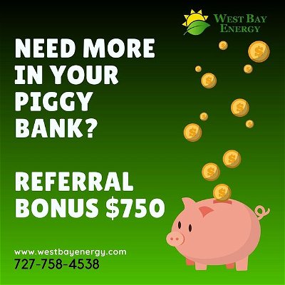 PIGGY BANK LOW?  Want $750 dollars for a Referral?

That’s right, when you refer friends and family we will give you a $750 referral CASH BONUS!

Yet another reason to go solar!  Call Today 727-758-4538
.
.
.
.
#solar #solarcompany #solarpanel #installation #projects #production #guarantees #quality #service #product #solarpanelnstallation
#tampabaysolar #StPeteSolar #FloridaSolar #FloridaSolarExperts