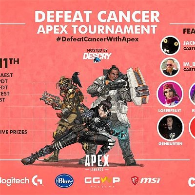 I'm proud to announce the Defeat Cancer Apex Tournament! This Sunday 11th, July @ 6pm to 10pm! Enter the draw to win a prize just by donating to life saving cancer research! T&C apply. #DefeatCancerWithApex
