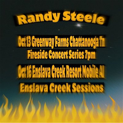 I’ve really been looking forward to playing 2 solo shows this week, both in really cool settings!
.....
Wednesday night at 7 pm at the Fireside Concert Series at Greenway Farms
Fireside is a free, outdoor concert series held every Thursday in October! Concerts occur 7:00pm - 9:00pm at Greenway Farm Park. All ages are invited to enjoy an evening in a rustic setting to listen to live, local music gathered around a couple of small campfires.
It is a simple concept: Get families to come out to a local park, unplug from technology, and listen to live music gathered around a fire!
The concerts are graciously sponsored by Tennessee Valley Federal Credit Union in partnership with The Department of Parks and Outdoors and Outdoor Chattanooga.
Bring your blankets, chairs, marshmallow roasting sticks, and dancing shoes! There will not be food vendors, so we encourage you to bring a picnic dinner to enjoy during the show.
See you there!
https://outdoorchattanooga.com/programs/fireside/
.......
Sunday afternoon/evening at the Enslava Creek Sessions in Mobile Alabama with a crew of really great songwriters and musicians. 
Looking forward to seeing all the Alabama Folks this weekend!
Eslava Creek Sessions is back with our Fall Line up. Sunday October 16th. We are so thrilled to announce the artists
* Randy Steele of Slim Pickins (Chattanooga )
* Mark Joseph of The Big Wu and American Soul ( Minnesota )
* Jesh Yancey of the High Hopes ( Colorado )
* Johnny Hayes of the Love Seats ( Mobile )
* Ryan Balthrop of Slide Bayou ( Mobile )
* Tyler Wilson of Slide Bayou ( Gulfshores )
Music will consist of 2 Rounds and begin at 3pm. 
$ 25.00 Artist Donation. 
Venmo and PayPal links will be in the comments. 🎶 🎵
BYOB and Potluck. 🌞🎵🎙
There will be limited seating so be sure to get on the list asap. 
There is camping available Oct 15th and 16th 
A link will be up to pre pay thru Venmo and pay pal.
#chattanooga #tennessee #moccasinbender #songsfromthesuck #chattanoogatn #randysteele #CHAmusic #supportlocal #banjo #bluegrass #bluegrassbanjo #scruggsstylebanjo #guitar #martinguitar #songwriter #originalmusic
#randysteeleandthehighcoldwind #highcoldwind #mobile #mobilealabama #mobilemusic